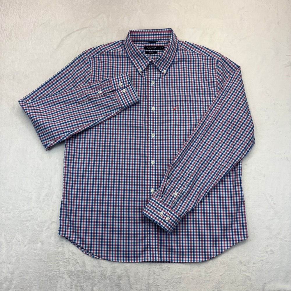 Nautica Mens XL Slim Fit Plaid Button Down Shirt Long Sleeve Blue Pink W7145T